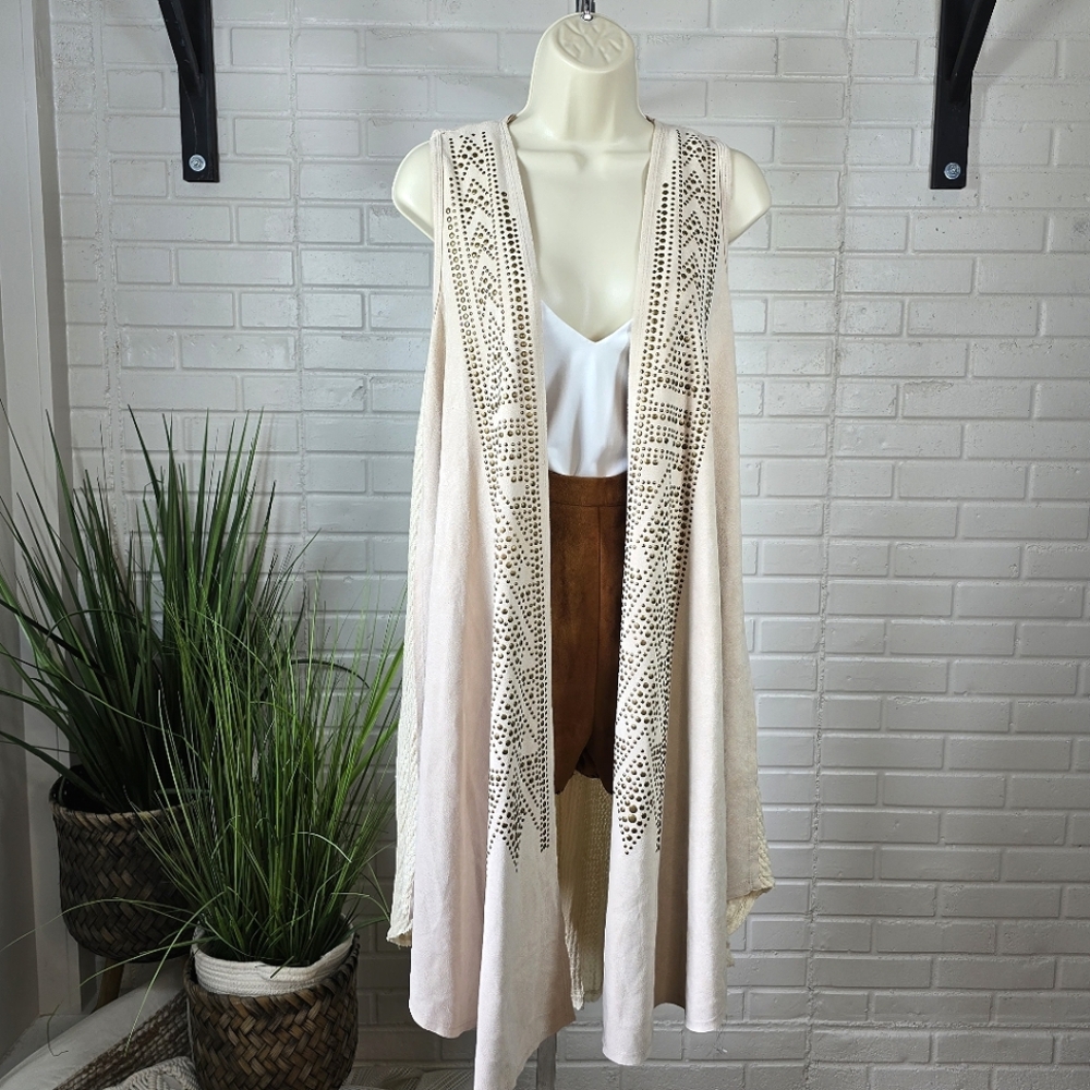 Vocal Cream Faux Suede Studded Long Vest Size Small